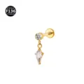 Detail shot of F136 titanium piercing jewelry with a dangling kite stone and round crystal. - 1.2*6mm Thread M0.9 / Gold White