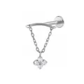 Titanium piercing detail view, featuring curved bar, hanging chains and sparkling clover pendant. - 1.2*6mm (Thread M0.9) / Flower Pendant Silver
