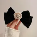 French vintage black velvet bow hair clip with chic white camellia elegant spring clip for women - Style 6-Spring Clip-Fabric-Black-Three-Dimensional Camellia Design