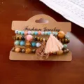 Bohemian multi-layer wooden bead bracelet set with turquoise and tassel charm for women. - Layered Tree Branch Pendant Wooden Bracelet Style (10#) / Pink