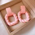 Chic pink resin geometric drop earrings featuring a ribbed stud and twisted hoop design. - Pink Square Twist (33#)