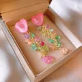 Pink heart drop earrings with colorful beaded chains, elegant fashion jewelry for women and girls. - Colorful Heart Crystal (56#)
