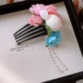 Sweet floral hair comb with pearl tassels, elegant fabric flower hair accessory for women styling. - 86# Hairpin / Blue-Pink-White