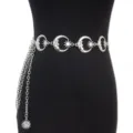 Silver moon star waist chain detail shot, punk style metal body chain accessory for women. - Moon & Star Waist Chains - White K Gold