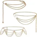 Detailed view of fashionable multi-layer gold metal chain belt set for women style. - Three-Piece Set Waist Chain / Gold