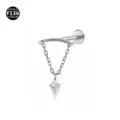 Titanium labret piercing stud with chain and crystal pendant body jewelry for ear and lip piercing - 1.2*6mm (Thread M0.9) / Conical Pendant Silver
