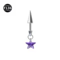 Titanium Piercing Schmuck Detail mit edlem Metallsporn und violettem Stern Anhänger. - 1.2x8mm Stablänge / Lila mit schwarzen Sternen