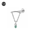 F136 Titanium Labret Piercing Ear Stud with Chain Pendant and Double Crystal Stones - 1.2*6mm (Thread M0.9) / Green Rhinestone Pendants - Silver