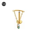 F136 Titanium body piercing jewelry with chain pendant, inner thread labret ear stud. - 1.2*6mm (Thread M0.9) / Green Rhinestone Pendants - Gold