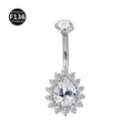 Titanium belly button ring with pear-shaped cubic zirconia and flower halo design. - Water Drop Silver