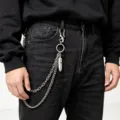 Hip-hop multi-layer pants chain with feather pendant, cool metal waist chain for streetwear styling. - Feather Pendant Double-Layer Pants Chain in White K