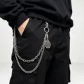 Silver metal multi-layer pants chain tennis racket pendant hip-hop fashion accessory detail - Racket Pendant Double-Layer Pants Chain in White K