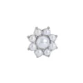 Stainless steel flower dermal anchor piercing jewelry with synthetic pearls and sparkling crystals. - Head Only / M1.2 Thread For 1.6mm Base / White Pearl