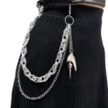 Multi-layer silver waist chain featuring a detailed metal wing and skull pendant for women. - Beak Bird Wing Multi-layer Pants Chain / Silver