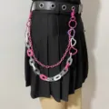 Close-up detail shot of multi-layer hip-hop acrylic chain waist belt with cute heart charms. - Fine Chain Love Style / Rose Red