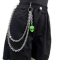 Catena da pantaloni argentata multistrato in stile punk hip hop con pendente alieno verde. - Ciondolo Alieni / Argento