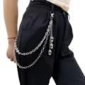 Punk multi-layer metal pants chain with rhinestone skull pendants, cool waist chain jewelry. - Skull Pendant Multi-Layer Pants Chain / Silver