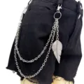 Close-up detail of metal waist chain, punk multi-layer pants chain with leaf pendant. - Silver