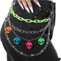 Punk multi-layer pants chain with neon green plastic chain, metal chains, and colorful alien pendants. - Green with Chain