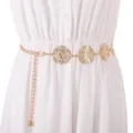 Gold metal waist chain detail featuring hollow circular medallions for women chic dress styling. - Round Link Metal Waist Chain (Gold Tone)