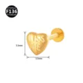 F136 Titan Herz Labret Stecker Piercing Schmuck mit Flacher Rückseite und KISS ME Gravur - KISS ME Herz-Stil (Stil 7) / 1.2x6mm (Innengewinde M0.9) / Gold