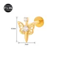 F136 Titan Schmetterling Dagger Labret Stecker Klarer Zirkonia Knorpel Piercing Körperschmuck - Schmetterling-Dolch-Stil (Stil 14) / 1.2x6mm (Innengewinde M0.9) / Gold