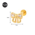 F136 Titan Schleife Labret Piercing Stecker mit glänzendem Zirkonia Stein, 6x7mm. - Schmetterlingsform (Stil 16) / 1.2x6mm (Innengewinde M0.9) / Gold