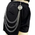 Punk multi-layer metal waist chain detail shot, stylish silver chain with round pendant. - Round Disc Multi-Layer Pants Chain / Silver