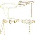 Details of stylish gold metal waist chain set, featuring heart moon and circle link designs. - Four-Piece Set / Gold