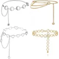 Detailed view of fashionable metal waist chains, featuring moon, heart, and ring designs. - Four-Piece Set / Gold + White K