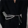 Close-up detail shot of the multi-layer faux pearl and metal chain waist belt accessory. - Silver Tone