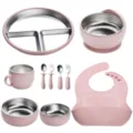 Détail de set d'alimentation bébé en silicone et inox rose, assiette divisée, bol, tasse, cuillère. - Ensemble de Grande Assiette / Rose