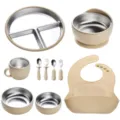 Kit de repas bébé en silicone et acier inoxydable avec assiette, bols, tasse, couverts et bavoir. - Ensemble de Grande Assiette / Beige