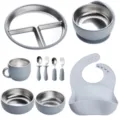 Kit alimentation bébé silicone acier inoxydable bol ventouse assiette compartiments bavoir cuillère - Ensemble de Grande Assiette / Bleu