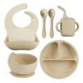 Children silicone tableware set 6 piece baby feeding suction plate bowl cup bib spoon fork set - 6-Piece Set / Milk Tea