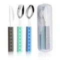 Stainless steel kids cutlery set with silicone building block handles and portable case. - Knife, Fork, and Spoon Set (Grey/Green/Blue) with Storage Case