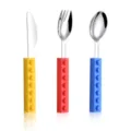 Stainless steel kids cutlery set with colorful silicone block handles, safe and fun for baby food. - Knife, Fork, and Spoon Set (Yellow/Red/Blue)