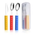 Children stainless steel cutlery set with colorful silicone building block handles and box - Knife, Fork, and Spoon Set (Yellow/Red/Blue) with Storage Case