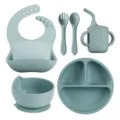 Silicone baby feeding set 6-piece infant tableware weaning bib cup bowl plate - 6-Piece Set / Haze Blue