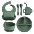Silicone baby feeding set 6 pieces toddler self-feeding suction bowl plate bib spoon fork cup - 6-Piece Set / Olive Green