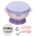 Baby suction bowl set with stainless steel inner bowl, cute bear lid, and training fork spoon. - Pink Bowl with Bent Spoon and Fork