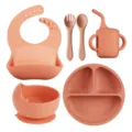 Silicone baby feeding set 6-piece toddler weaning tableware with suction plate bib cup spoon fork - 6-Piece Set / Dusty Pink