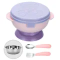 Baby bear suction bowl set with stainless steel inner bowl and training fork and spoon. - Pink Bowl with Straight Spoon and Fork / Pink
