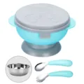 Baby suction bowl toddler tableware 304 stainless steel anti-drop training spoon fork set - Blue Bowl with Bent Spoon and Fork