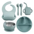 Baby silicone feeding set 6-piece toddler tableware with suction plate bib bowl spoon fork cup - 6-Piece Set With Snail Bowl Liner / Haze Blue