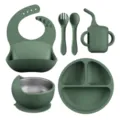 Green silicone baby feeding set 6-piece toddler tableware set for safe infant use - 6-Piece Set With Snail Bowl Liner / Olive Green