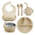 Silicone baby feeding set 6-piece toddler tableware with bib plate bowl cup fork and spoon - 6-Piece Set With Snail Bowl Liner / Milk Tea