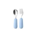 Set cuillère fourchette bébé inox manche silicone bleu clair pour l'apprentissage des enfants. - Cuillère Fourchette Manche Court / Bleu clair