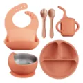 Silicone baby feeding set toddler tableware 6-piece peach pink weaning essentials - 6-Piece Set With Snail Bowl Liner / Dusty Pink