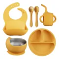 Yellow 6-piece silicone baby feeding set with suction plate, bowl, bib, cup, and spoon. - 6-Piece Set With Snail Bowl Liner / Sunset Yellow